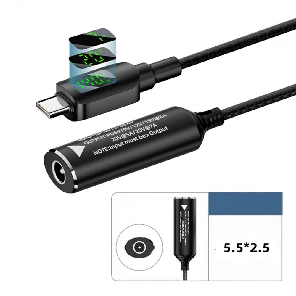 DC Jack 5.5x2.5mm Input to USB-C Type-C Power 140W Smart LED Display Charge Cable for Laptop Phone PD9V/5V/20V/7A