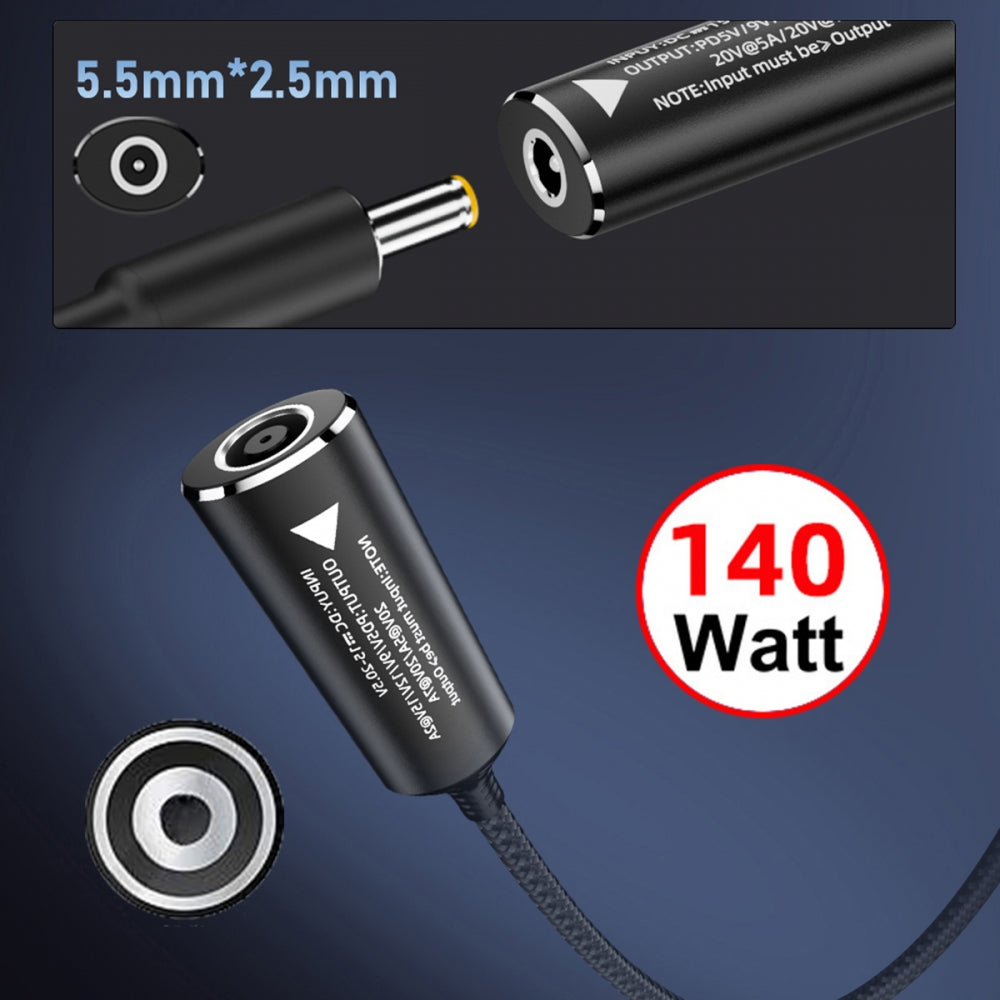 DC Jack 5.5x2.5mm Input to USB-C Type-C Power 140W Smart LED Display Charge Cable for Laptop Phone PD9V/5V/20V/7A