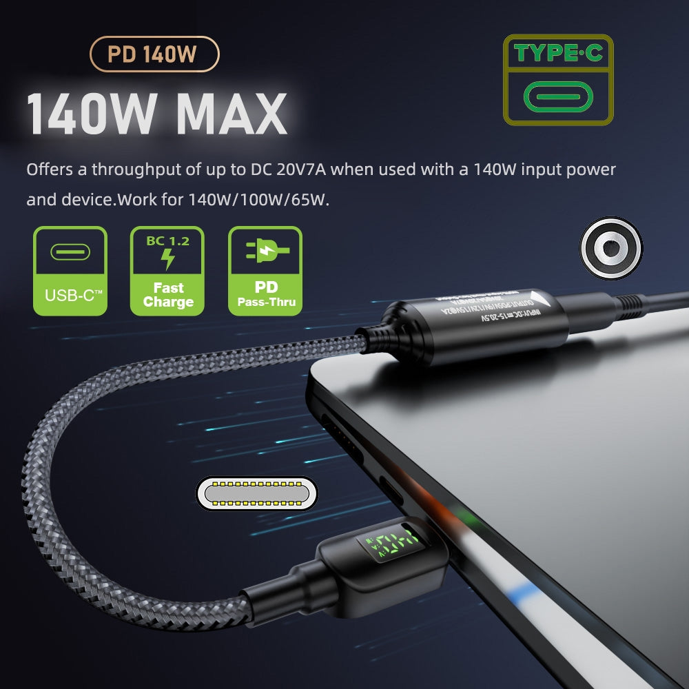 DC Jack 5.5x2.5mm Input to USB-C Type-C Power 140W Smart LED Display Charge Cable for Laptop Phone PD9V/5V/20V/7A