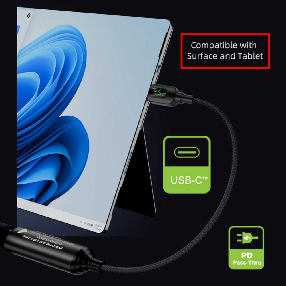 DC Jack 5.5x2.5mm Input to USB-C Type-C Power 140W Smart LED Display Charge Cable for Laptop Phone PD9V/5V/20V/7A