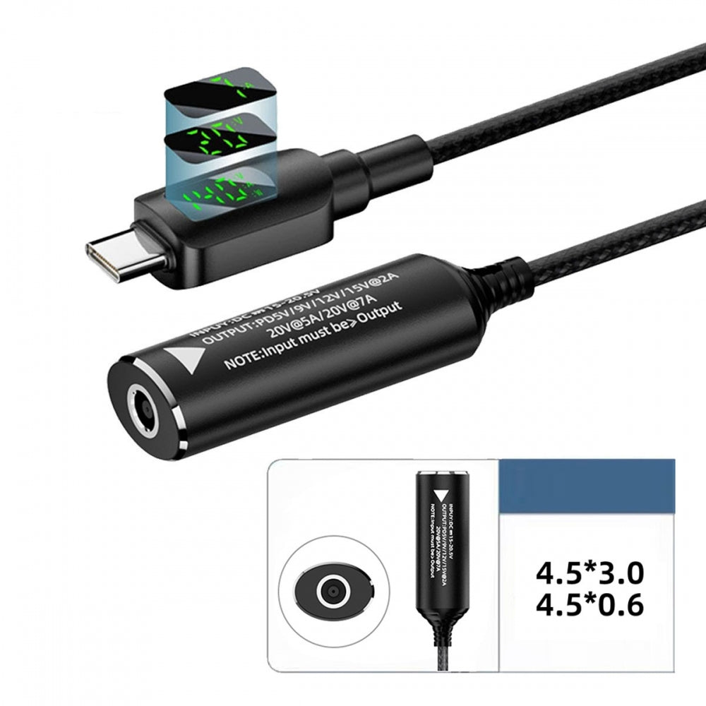 DC Jack 4.5x3.0mm Input to USB-C Type-C Power 140W Smart LED Display Charge Cable for Laptop Phone PD9V/5V/20V/7A