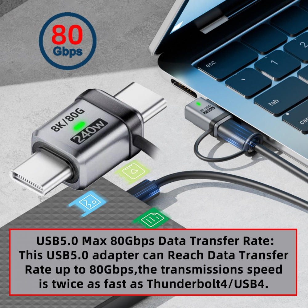 90 Degree USB5.0 80Gbps Male to Male Straight Extension Adapter with Lanyard Keychain 240W 16K 8K 5K Compatible with USB4.0 Thunderbolt3/4/5