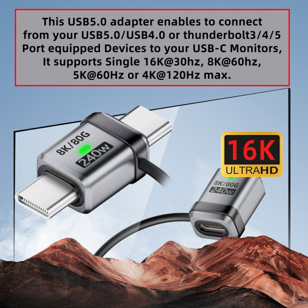 90 Degree USB5.0 80Gbps Male to Male Straight Extension Adapter with Lanyard Keychain 240W 16K 8K 5K Compatible with USB4.0 Thunderbolt3/4/5