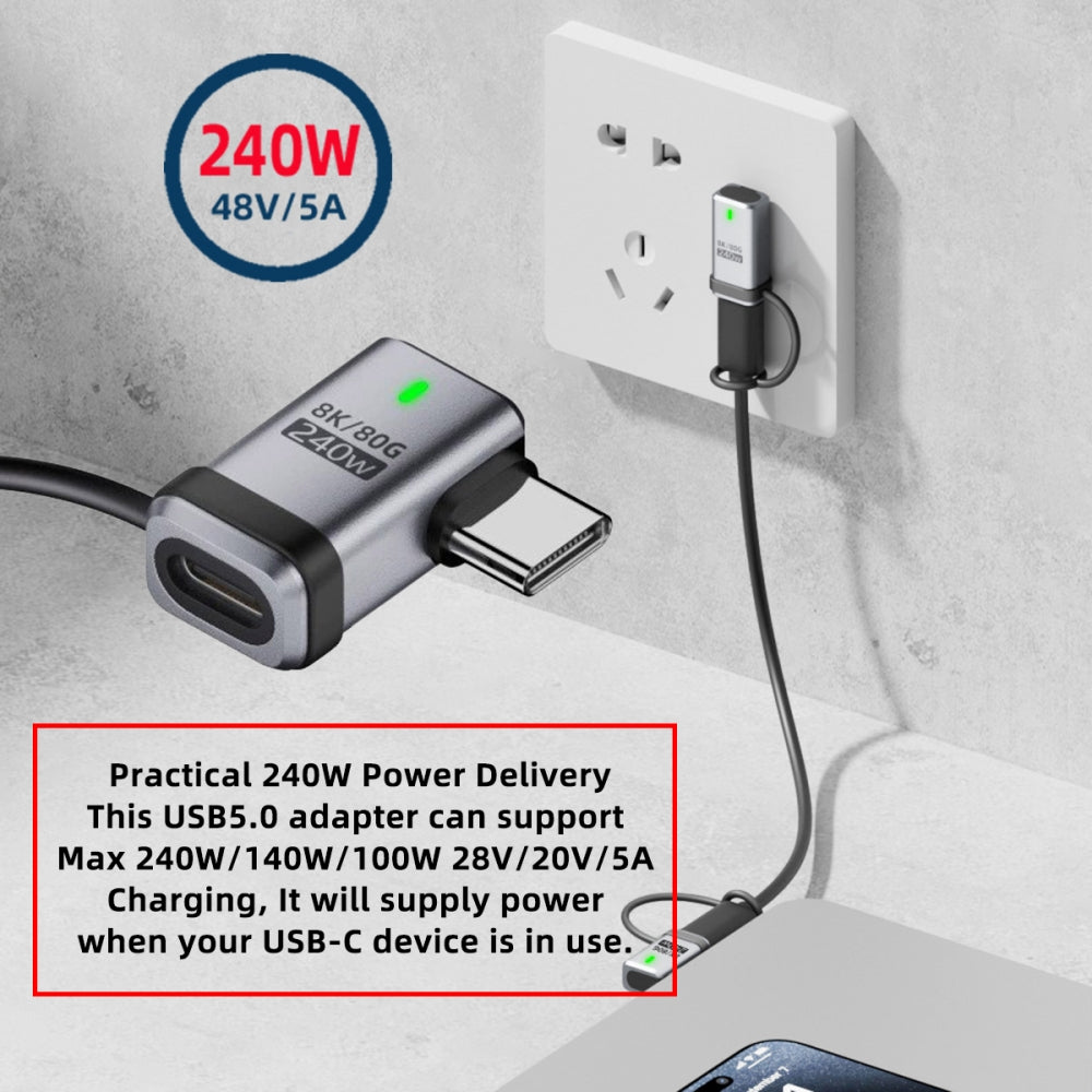 90 Degree USB5.0 80Gbps Male to Female Left Right Angled Extension Adapter with Lanyard Keychain 240W 16K 8K 5K Compatible with USB4.0 Thunderbolt3/4/5