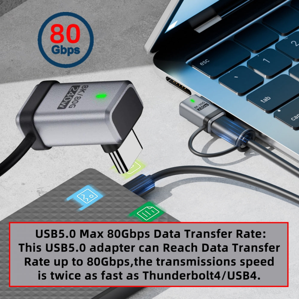 90 Degree USB5.0 80Gbps Male to Female Up Down Angled Extension Adapter with Lanyard Keychain 240W 16K 8K 5K Compatible with USB4.0 Thunderbolt3/4/5