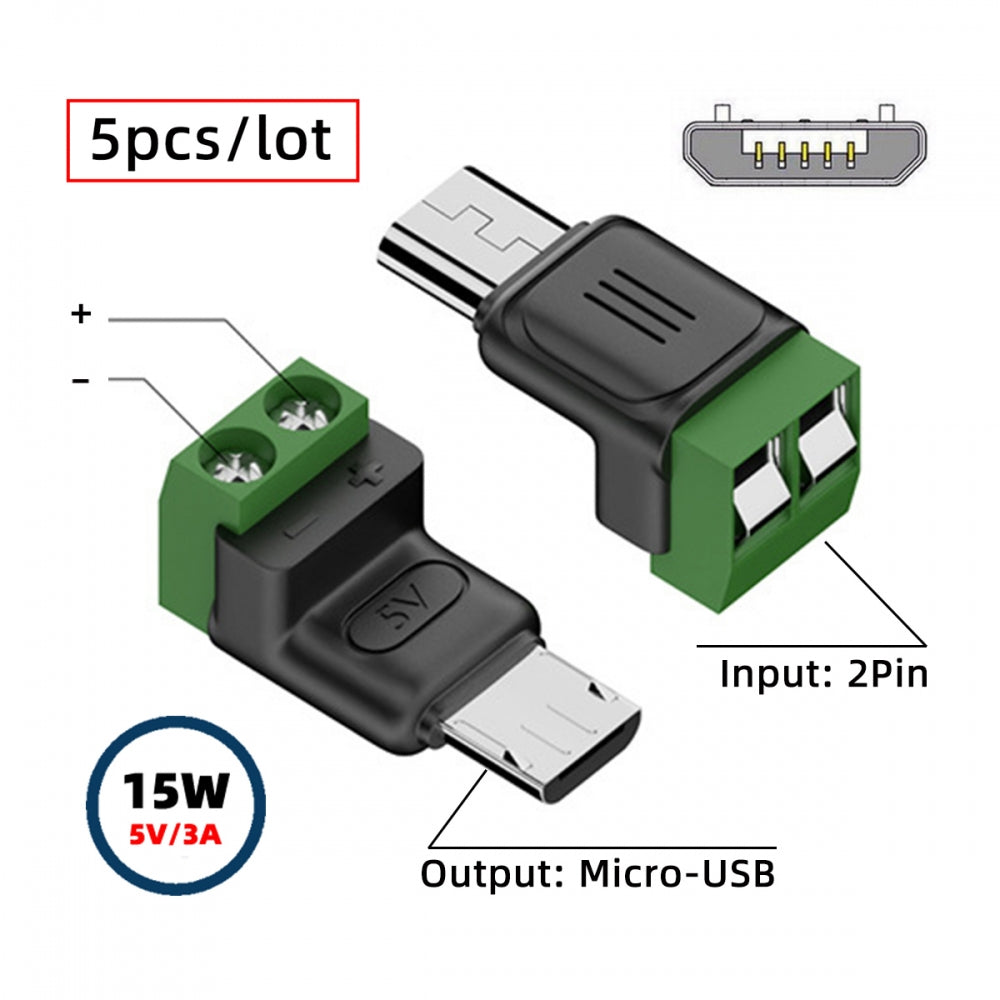 5pcs/set DIY OEM Micro USB 5Pin Male Connector to 2Pin Terminal DIY OEM Repair Solderless Connector DC 5V Power
