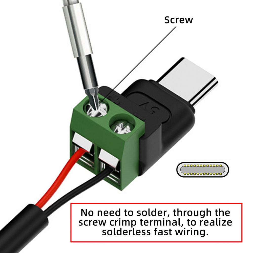 5pcs/set 2Pin Terminal Input to Type-C Male Plug Output Connector DIY OEM Repair Solderless Connector DC 5V Power