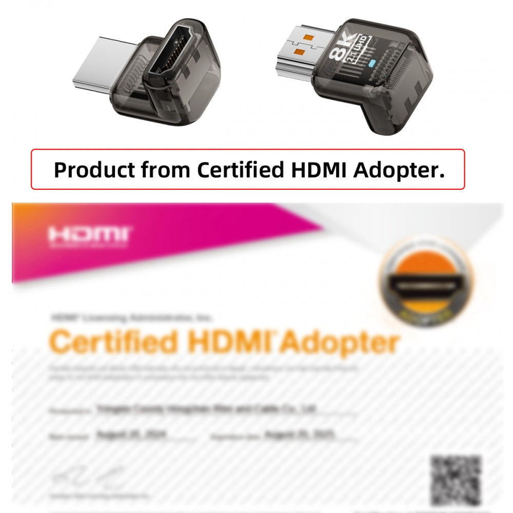 Up Angled 90 Degree HDMI Male to HDMI 2.1 Female UHD Extension Adapter Extender Transparent with Smart LED 8K 60hz HDTV