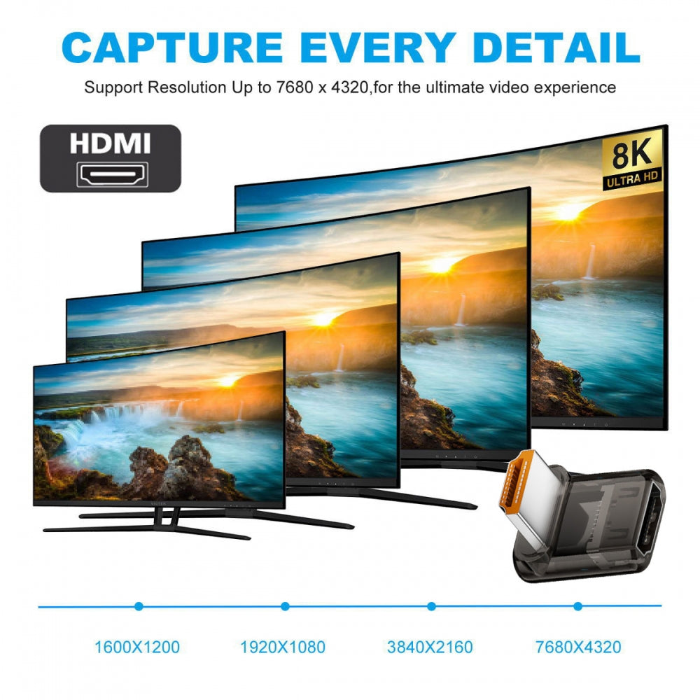 Up Angled 90 Degree Low Profile HDMI Male to HDMI 2.1 Female UHD Extension Adapter Extender Transparent with Smart LED 8K 60hz HDTV