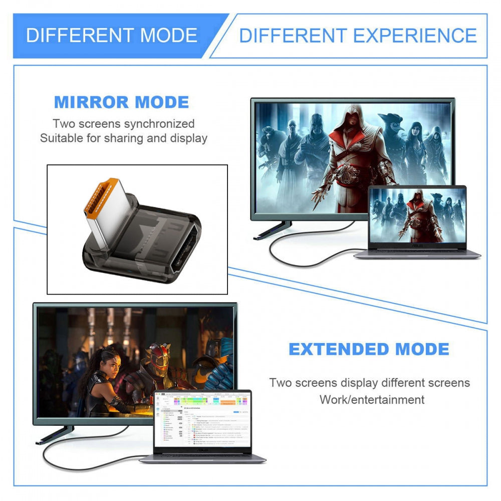 Up Angled 90 Degree Low Profile HDMI Male to HDMI 2.1 Female UHD Extension Adapter Extender Transparent with Smart LED 8K 60hz HDTV