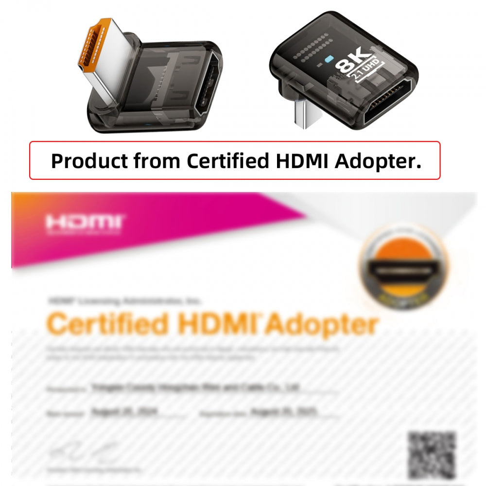 Up Angled 90 Degree Low Profile HDMI Male to HDMI 2.1 Female UHD Extension Adapter Extender Transparent with Smart LED 8K 60hz HDTV