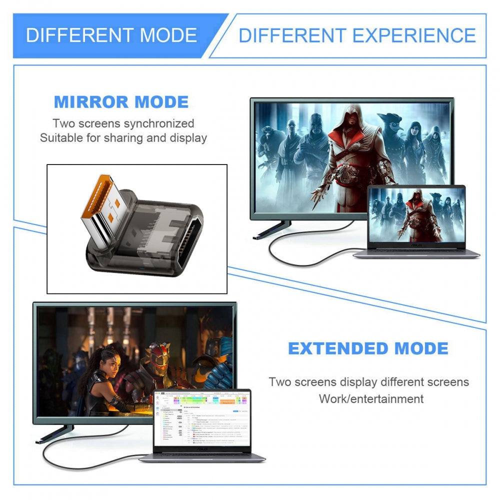 Down Angled 90 Degree Low Profile HDMI Male to HDMI 2.1 Female UHD Extension Adapter Extender Transparent with Smart LED 8K 60hz HDTV
