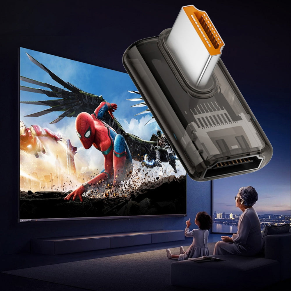 Right Angled 90 Degree Low Profile HDMI Male to HDMI 2.1 Female UHD Extension Adapter Extender Transparent with Smart LED 8K 60hz HDTV