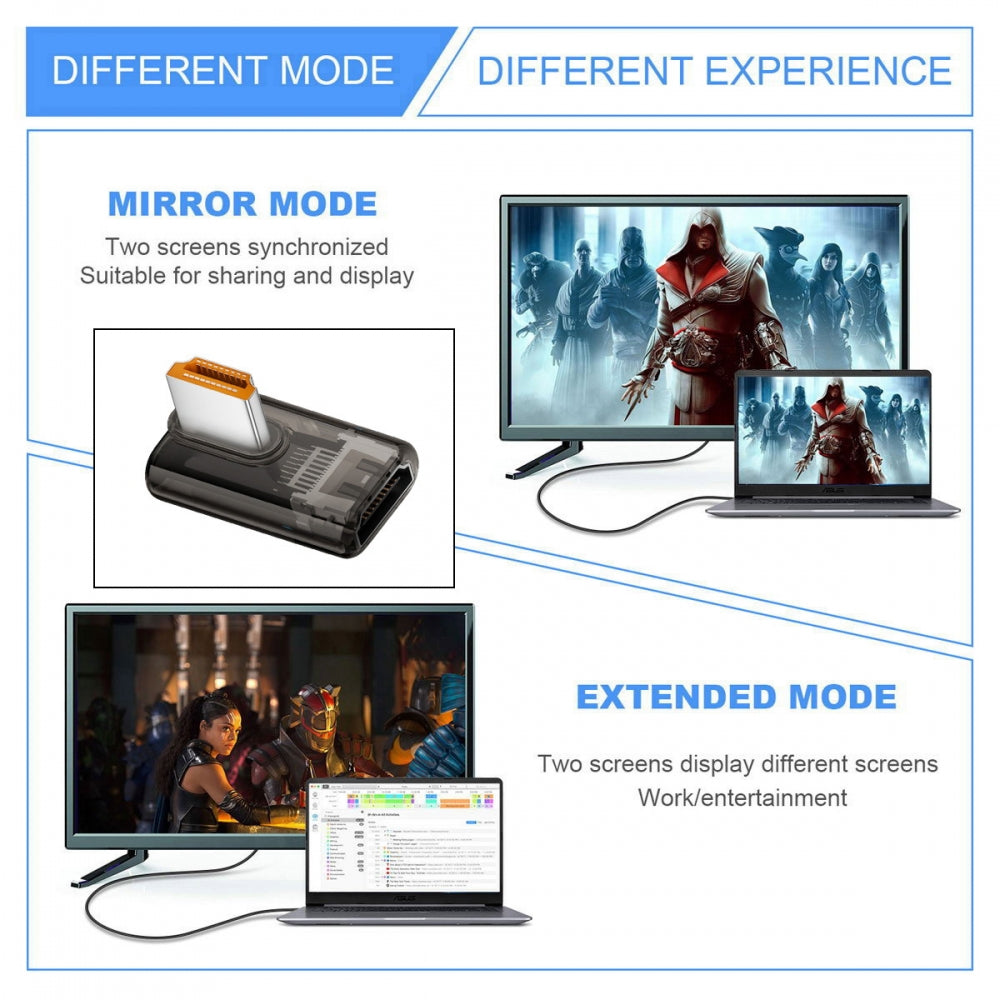 Right Angled 90 Degree Low Profile HDMI Male to HDMI 2.1 Female UHD Extension Adapter Extender Transparent with Smart LED 8K 60hz HDTV