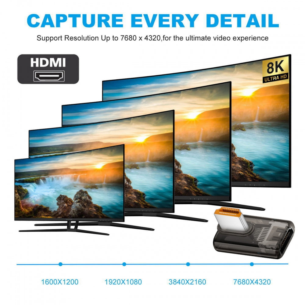 Right Angled 90 Degree Low Profile HDMI Male to HDMI 2.1 Female UHD Extension Adapter Extender Transparent with Smart LED 8K 60hz HDTV