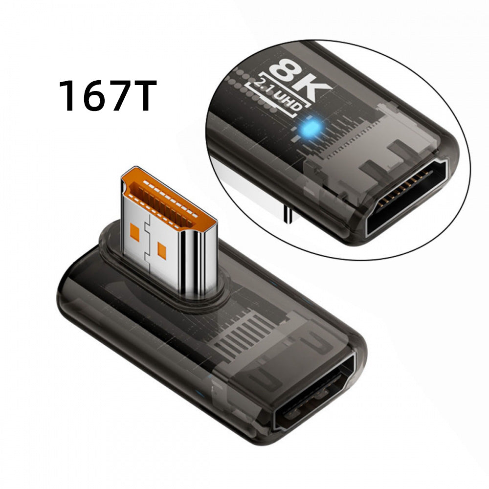 Left Angled 90 Degree Low Profile HDMI Male to HDMI 2.1 Female UHD Extension Adapter Extender Transparent with Smart LED 8K 60hz HDTV