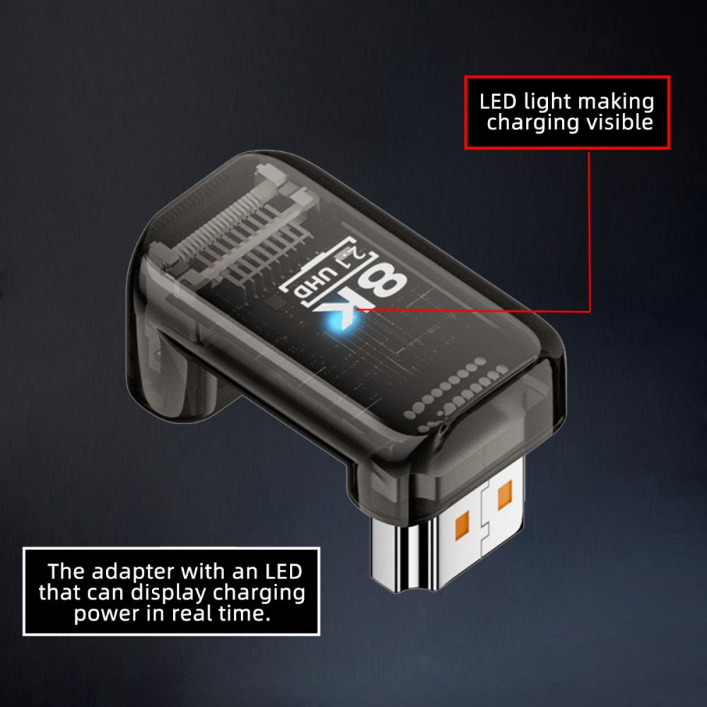 Up Angled 360 Degree Opposite U Shape Back HDMI Male to HDMI 2.1 Female UHD Extension Adapter Extender Transparent with Smart LED 8K 60hz HDTV