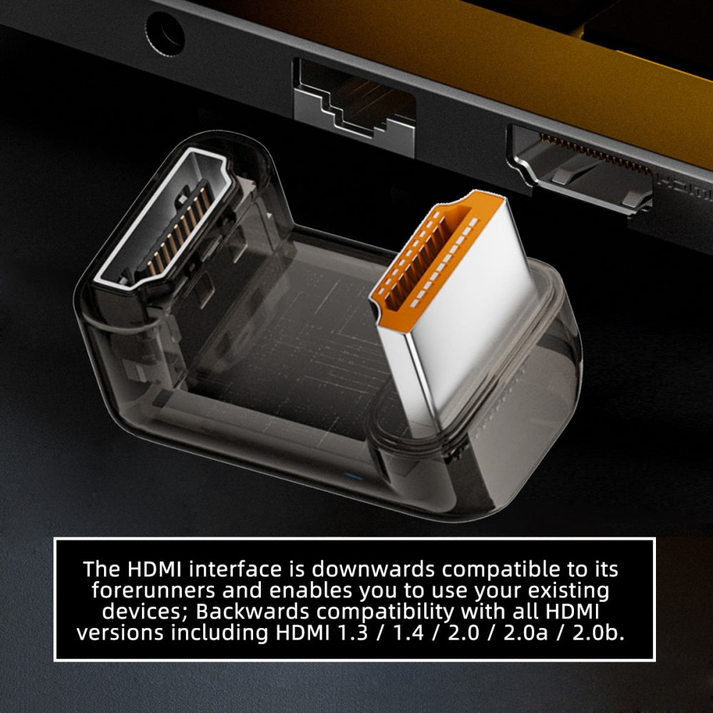 Down Angled 360 Degree Opposite U Shape Back HDMI Male to HDMI 2.1 Female UHD Extension Adapter Extender Transparent with Smart LED 8K 60hz HDTV