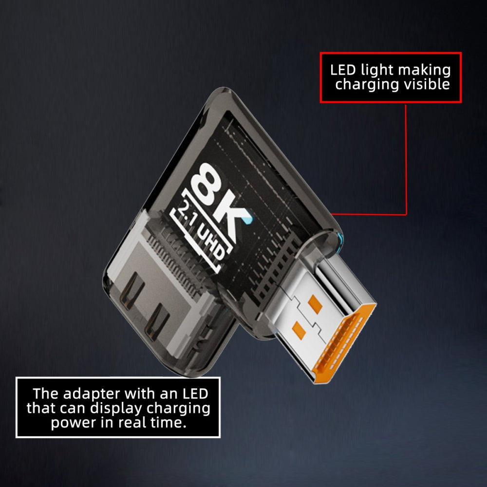 Left Angled 90 Degree Horizontal HDMI Male to HDMI 2.1 Female UHD Extension Adapter Extender Transparent with Smart LED 8K 60hz HDTV