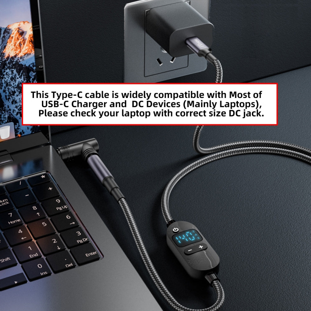 Type C USB-C Input to 20V 15V 12V 9V 5V DC 5.5*2.5mm Output Power Smart LED Display 100W 140W 65W PD Charge Cable for Laptop