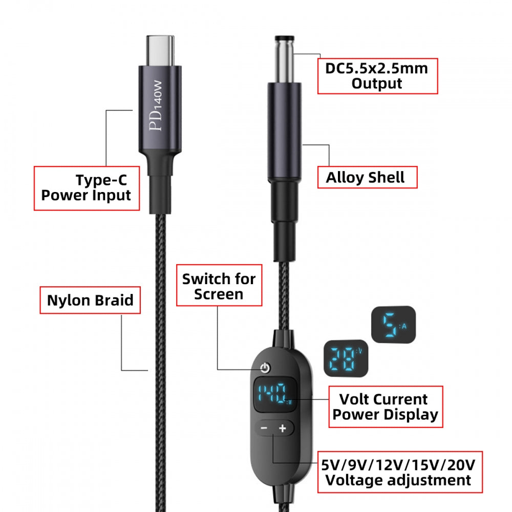 Type C USB-C Input to 20V 15V 12V 9V 5V DC 5.5*2.5mm Output Power Smart LED Display 100W 140W 65W PD Charge Cable for Laptop