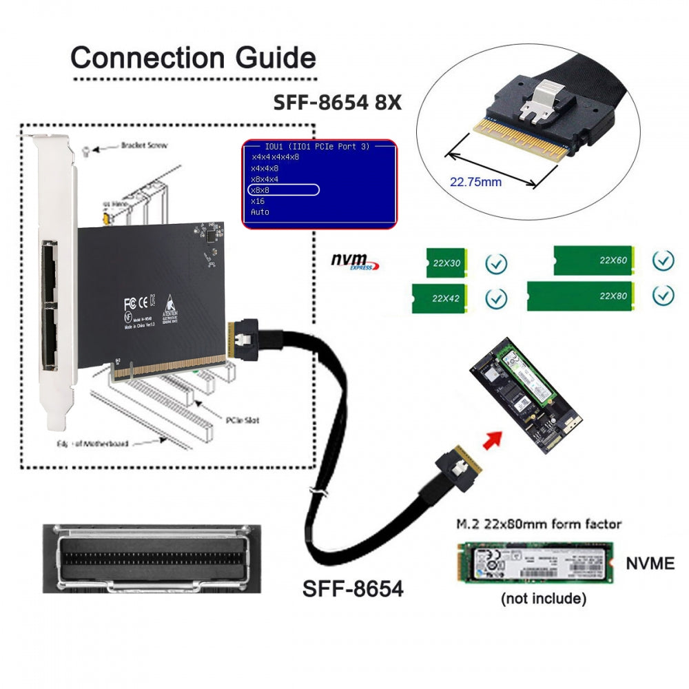 External Slimline Dual SFF-8654 8X 74Pin to PCIE 16X Express 3.0 PCIE4.0 Raid Card VROC Raid0 Hyper Adapter