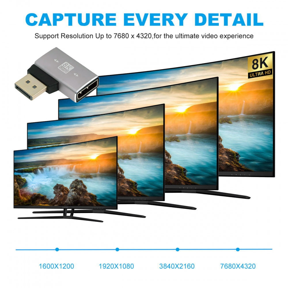 Left Angled DisplayPort 1.4 Male to DP Female 8K 60hz Adapter Ultra-HD UHD 4K 144hz 90 Degree for Video PC Laptop Monitor