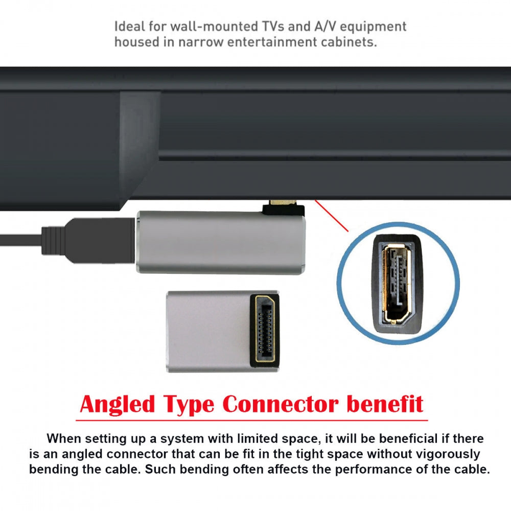 Up Angled DisplayPort 1.4 Male to DP Female 8K 60hz Adapter Ultra-HD UHD 4K 144hz 90 Degree for Video PC Laptop Monitor