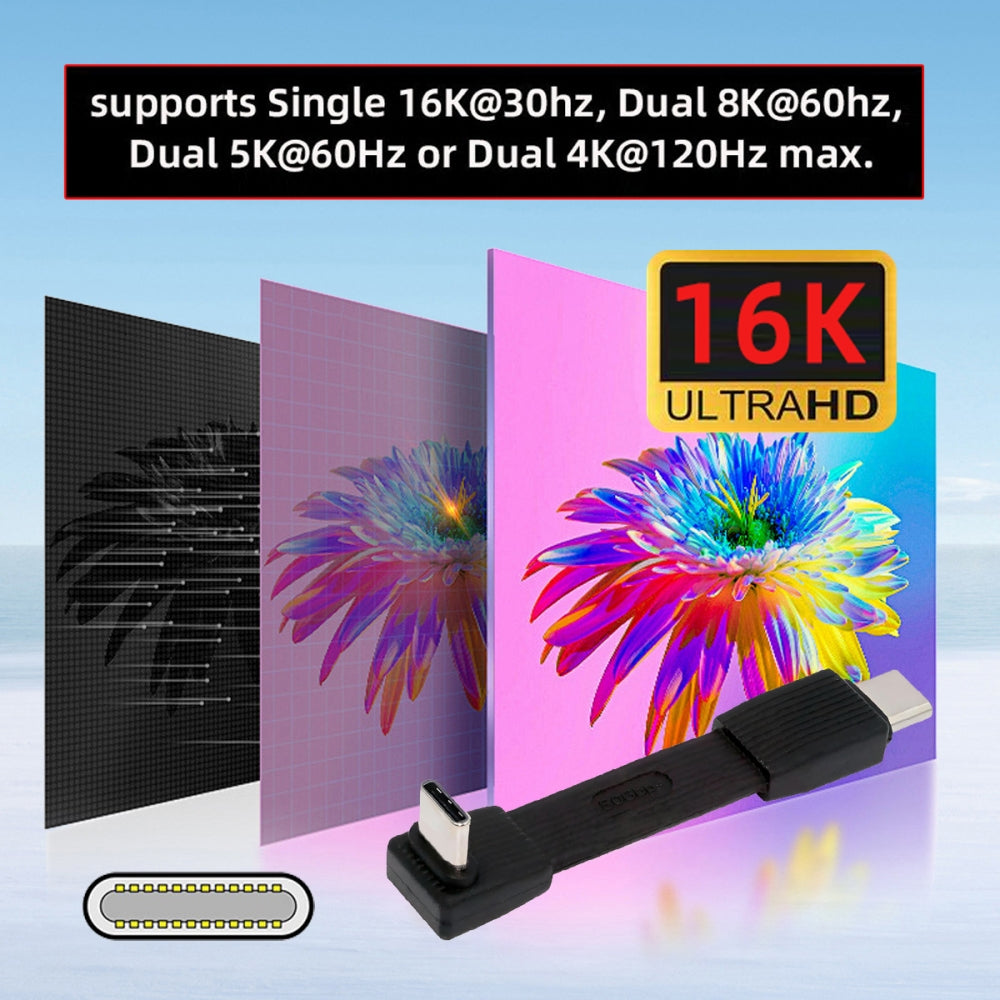 USB5.0 80Gbps Flat Slim FPC Male to Male Extension Cable Up Angled 90 Degree 240W 16K 8K 60Hz 5K Compatible with 40Gbps USB4.0 Thunderbolt3/4/5