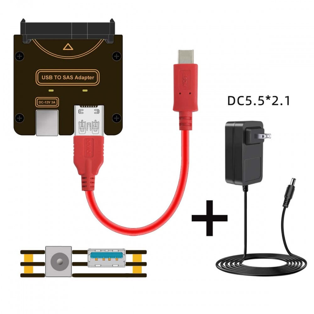 SFF-8482 SAS 29Pin to USB Type-C & Type-A 5Gbps Hard Disk Drive Raid Adapter with Chipset and Power Port (Need 12V/3A Power Supply)