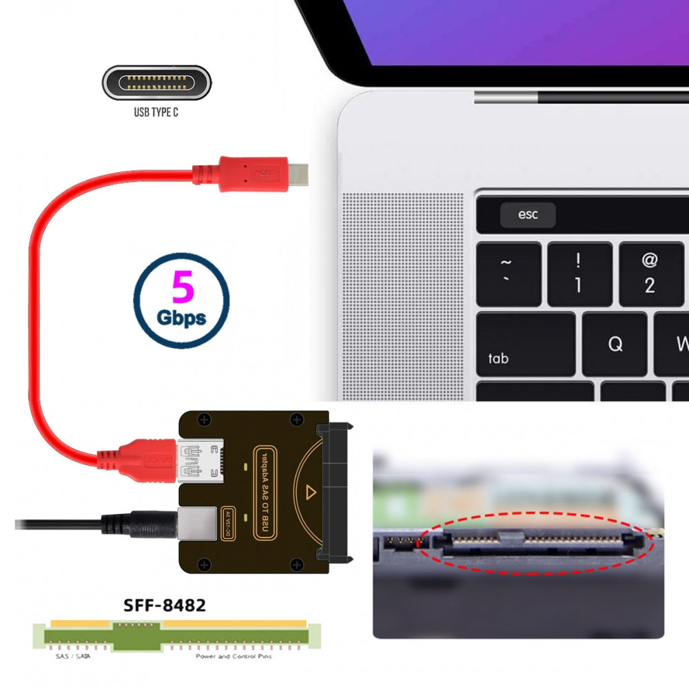 SFF-8482 SAS 29Pin to USB Type-C & Type-A 5Gbps Hard Disk Drive Raid Adapter with Chipset and Power Port (Need 12V/3A Power Supply)
