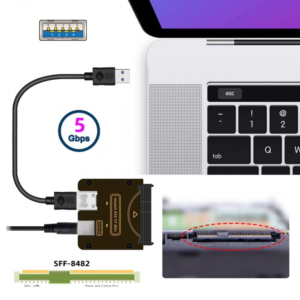 SFF-8482 SAS 29Pin to USB Type-C & Type-A 5Gbps Hard Disk Drive Raid Adapter with Chipset and Power Port (Need 12V/3A Power Supply)