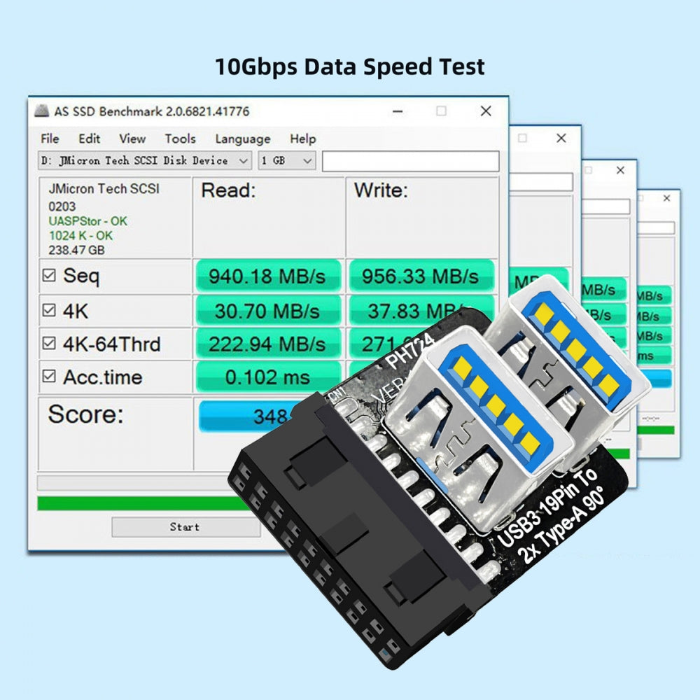 Forward Angled Dual USB 3.0 Type-A Female to Motherboard 20/19 Pin Box Header Slot Adapter 10Gbps Vertical Type Card 90 Degree