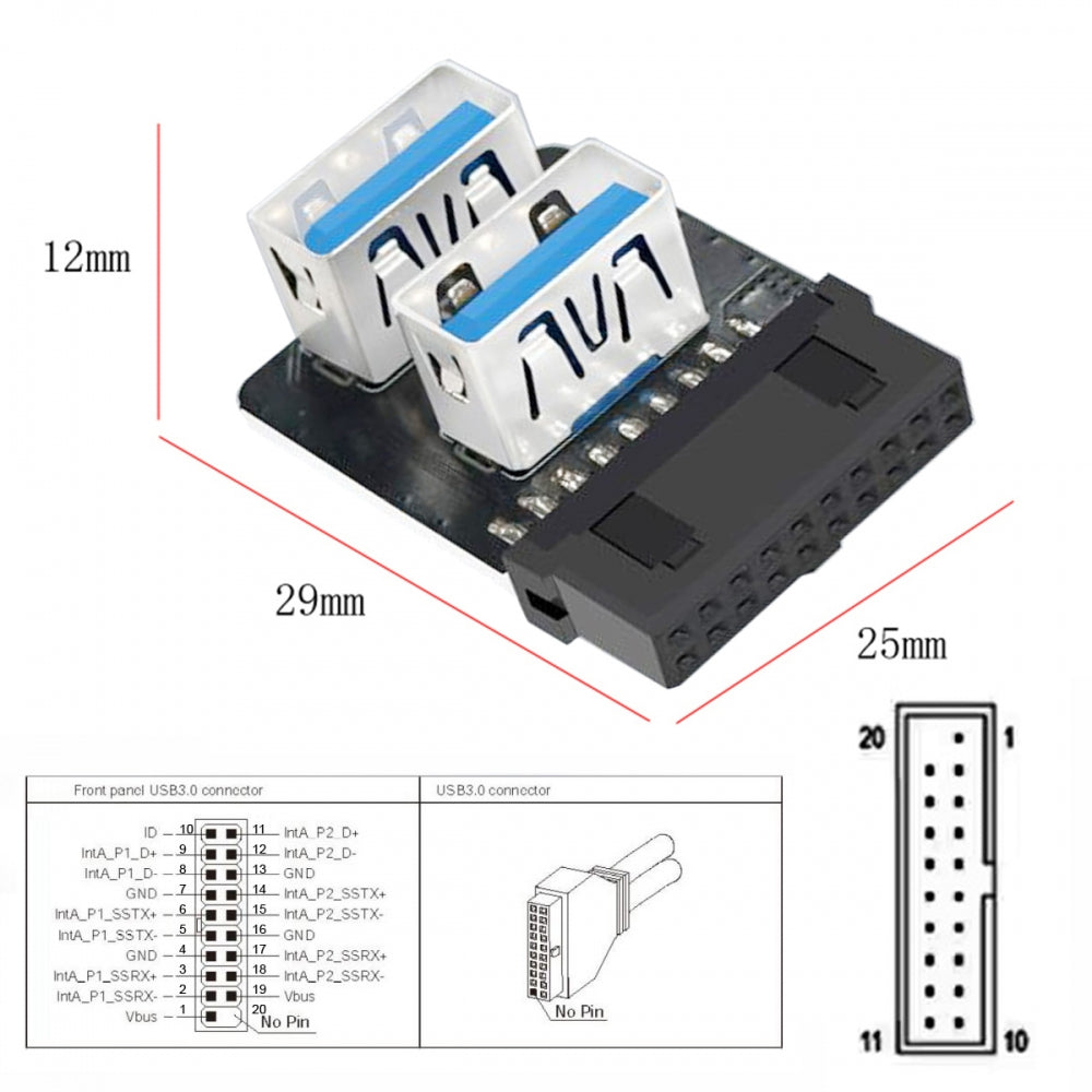 Reverse Angled Dual USB 3.0 Type-A Female to Motherboard 20/19 Pin Box Header Slot Adapter 10Gbps Vertical Type Card 90 Degree