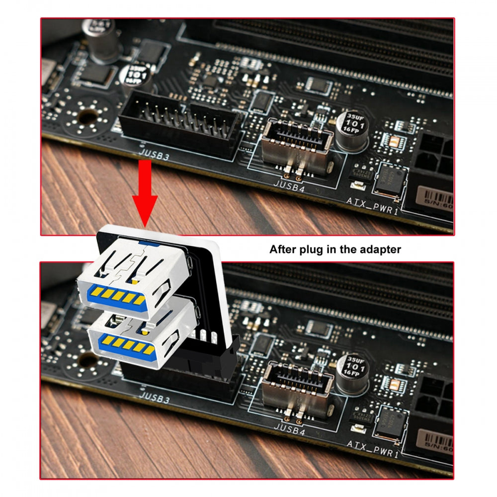 Reverse Angled Dual USB 3.0 Type-A Female to Motherboard 20/19 Pin Box Header Slot Adapter 10Gbps Vertical Type Card 90 Degree