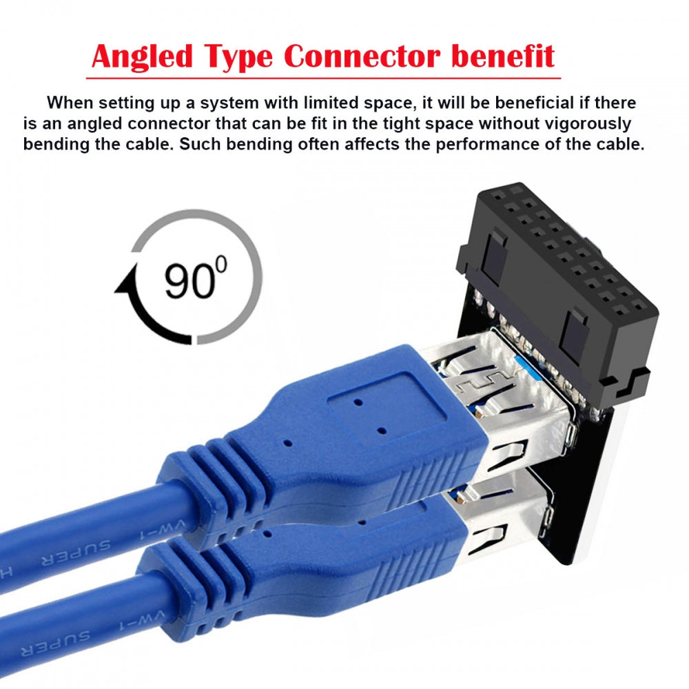 Reverse Angled Dual USB 3.0 Type-A Female to Motherboard 20/19 Pin Box Header Slot Adapter 10Gbps Vertical Type Card 90 Degree