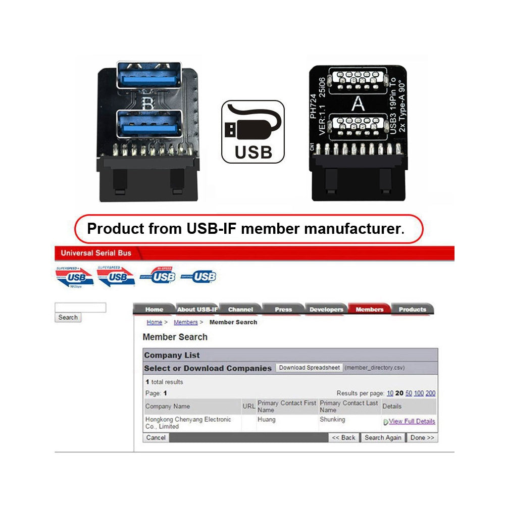 Reverse Angled Dual USB 3.0 Type-A Female to Motherboard 20/19 Pin Box Header Slot Adapter 10Gbps Vertical Type Card 90 Degree