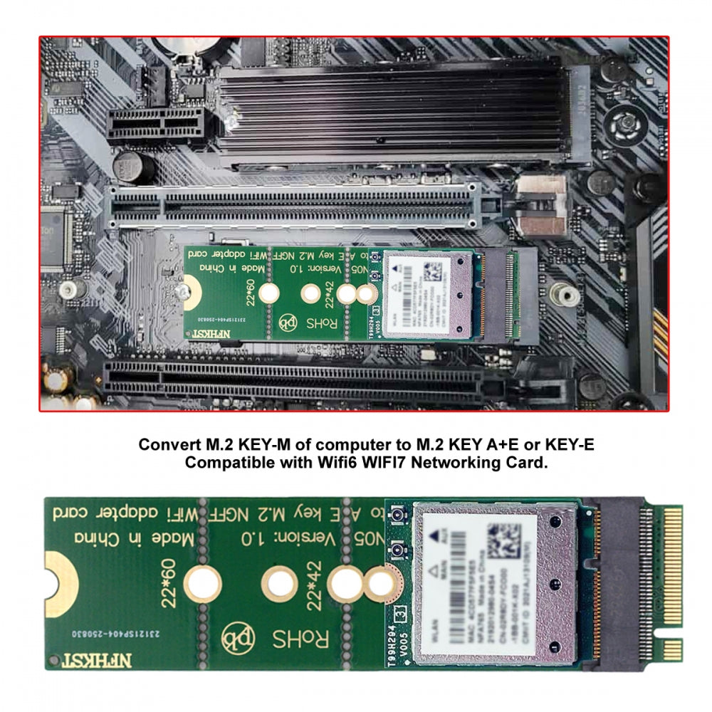 NGFF Key-E WiFi Riser Card Wireless to M.2 NGFF Key-M NVME SSD Adapter Compatible with Wifi6 WIFI7 Networking Card