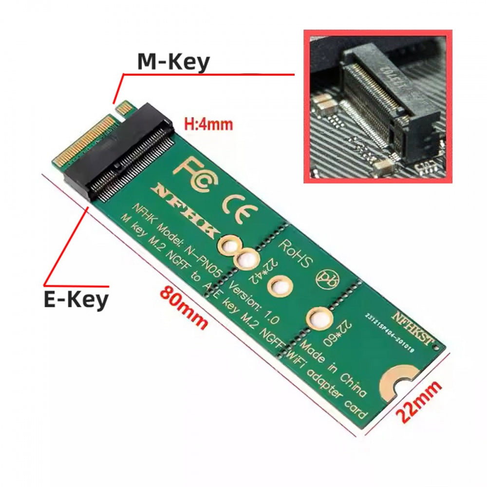 NGFF Key-E WiFi Riser Card Wireless to M.2 NGFF Key-M NVME SSD Adapter Compatible with Wifi6 WIFI7 Networking Card