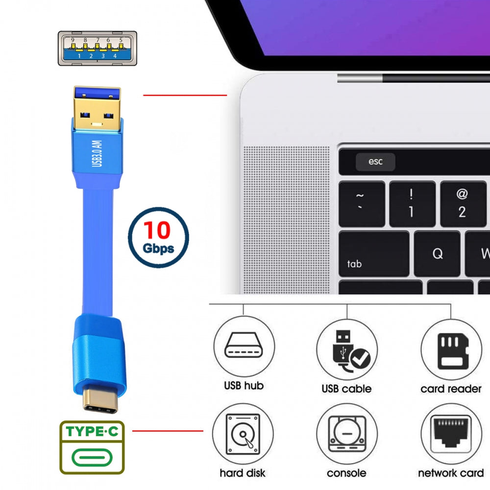 Ultra Flat Slim USB 3.0 Type-A Male to USB-C Type-C Male Cable Data Blue 10Gbps for Laptop Computer Disk SSD Camera