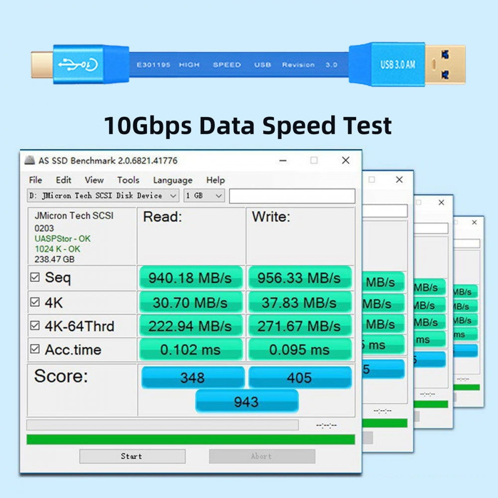 Ultra Flat Slim USB 3.0 Type-A Male to USB-C Type-C Male Cable Data Blue 10Gbps for Laptop Computer Disk SSD Camera