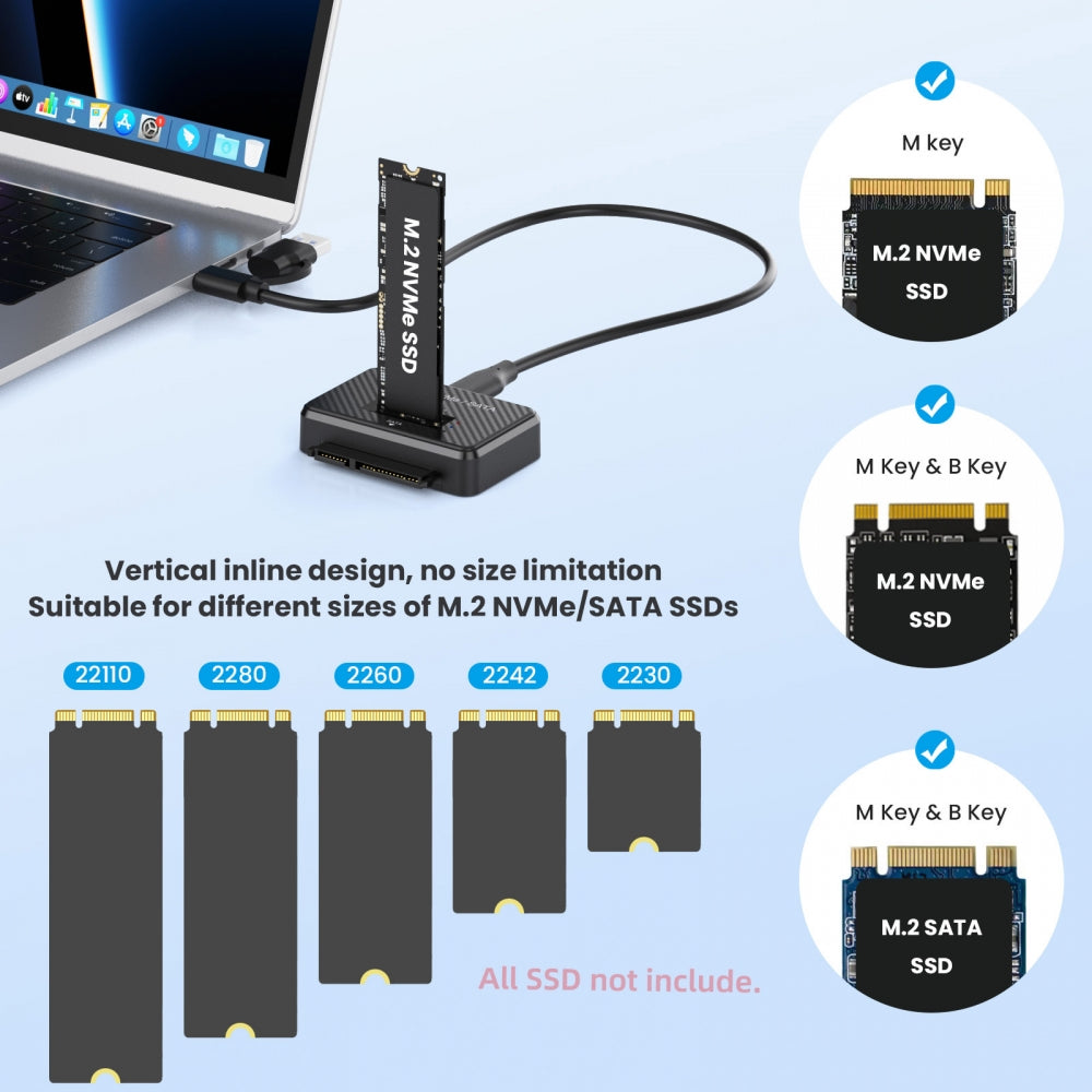 USB 3.0 USB-C Type-C to Dual NVME M-key M.2 NGFF & SATA 2.5 Inch SSD Docking Vertical External PCBA Case Enclosure