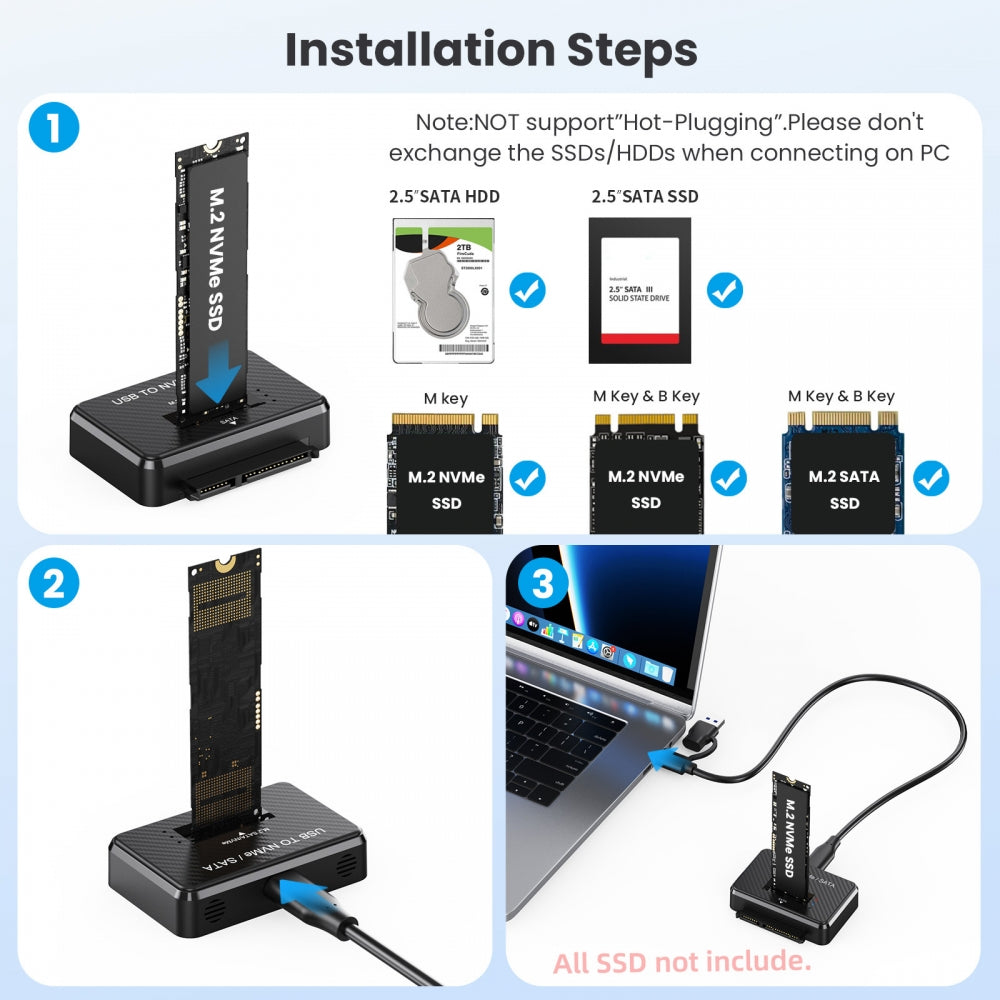 USB 3.0 USB-C Type-C to Dual NVME M-key M.2 NGFF & SATA 2.5 Inch SSD Docking Vertical External PCBA Case Enclosure