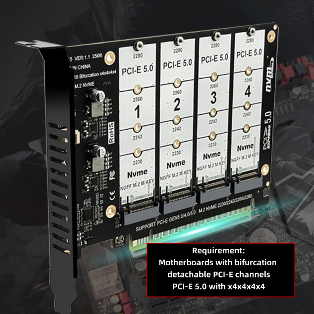 4X NVME M.2 NGFF SSD to Detachable Bifurcation PCIE Express 5.0 Gen5 Gen4 X16 Raid Card VROC Raid0 Hyper Adapter