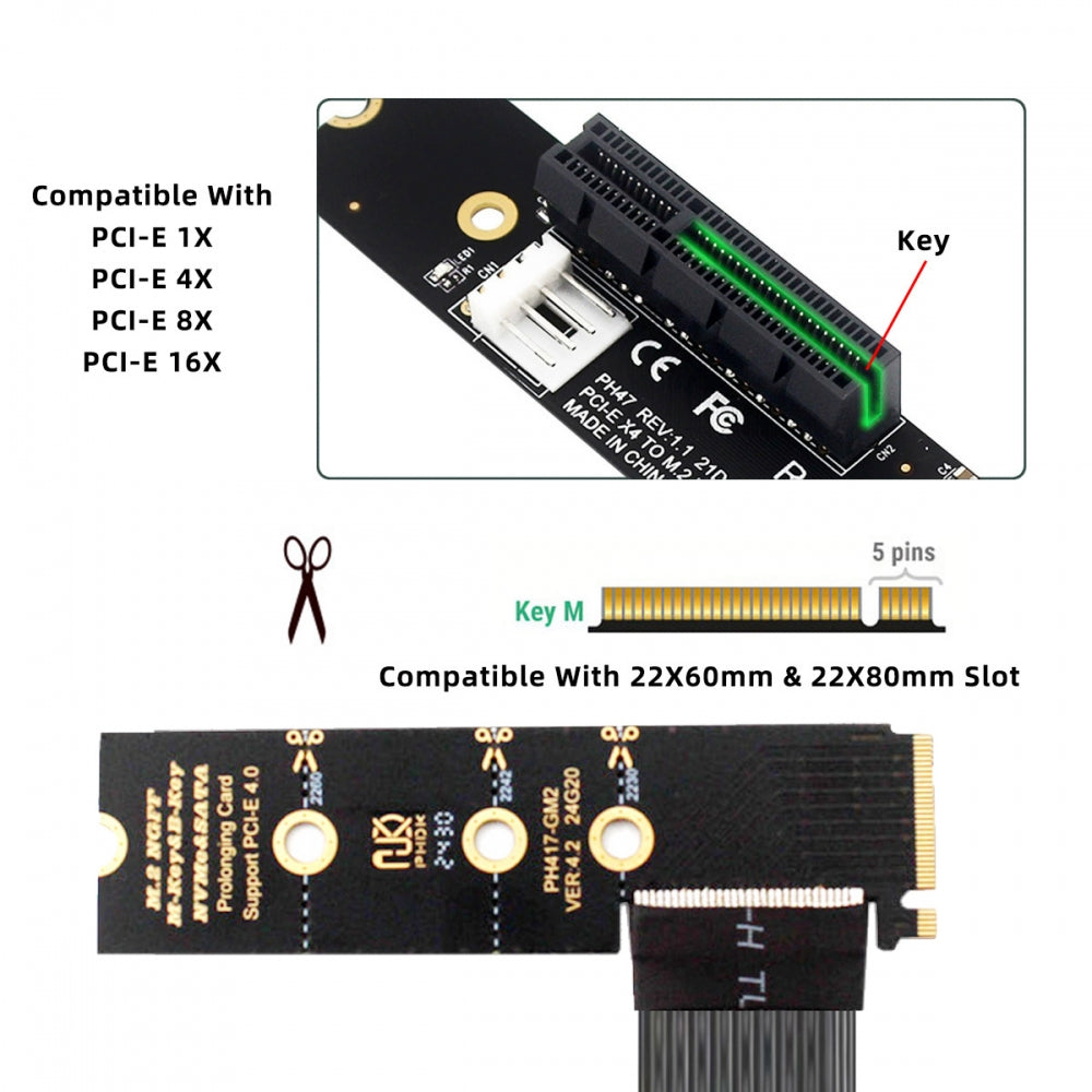 M.2 NGFF NVMe M-Key Right Angled Type 90 Degree to PCI-E X1 X4 X8 X16 Cable Graphics Card Extension Adapter PCI-Express for M2 2260 2280