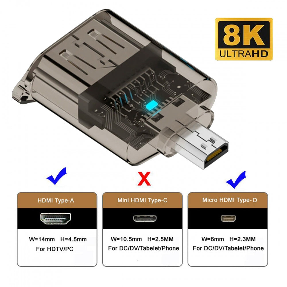 Micro-HDMI Type-D Male to HDMI 2.1 Female UHD Extension Adapter Extender Transparent with Smart LED Light Support 8K 60hz HDTV