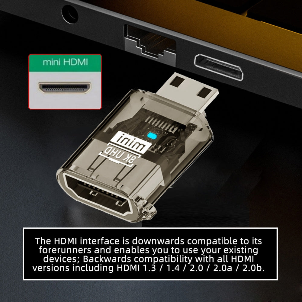 Mini-HDMI Type-C Male to HDMI 2.1 Female UHD Extension Adapter Extender Transparent with Smart LED Light Support 8K 60hz HDTV