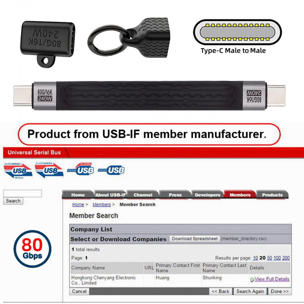 USB5.0 80Gbps Flat Slim FPC Cable 240W 16K@30hz 8K 60Hz 5K & Female Extender Lanyard Strap Chain Compatible with 40Gbps USB4.0 Thunderbolt3/4/5