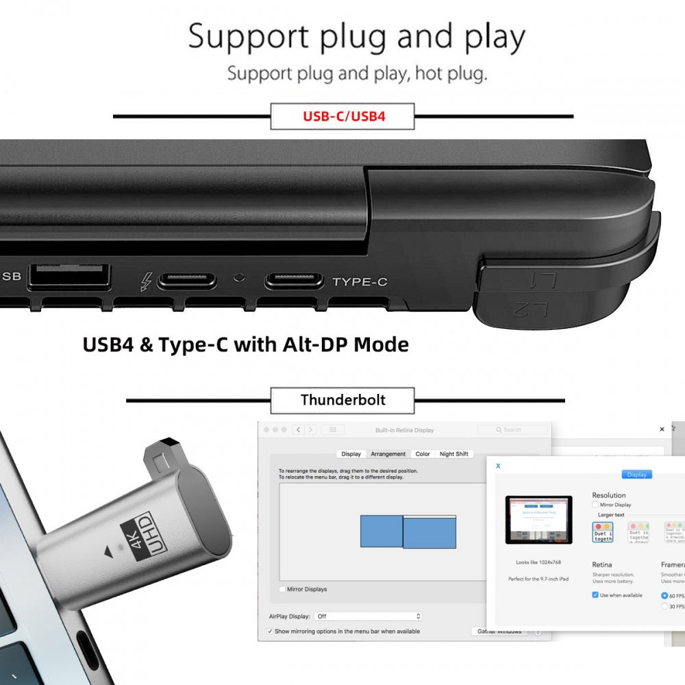 Silver CY Virtual Display Adapter USB4.0 USB5.0 USB-C Type-C DDC EDID Dummy Plug Headless Ghost Display Emulator 4K@60Hz Compatible with Thunderbolt3/4/5