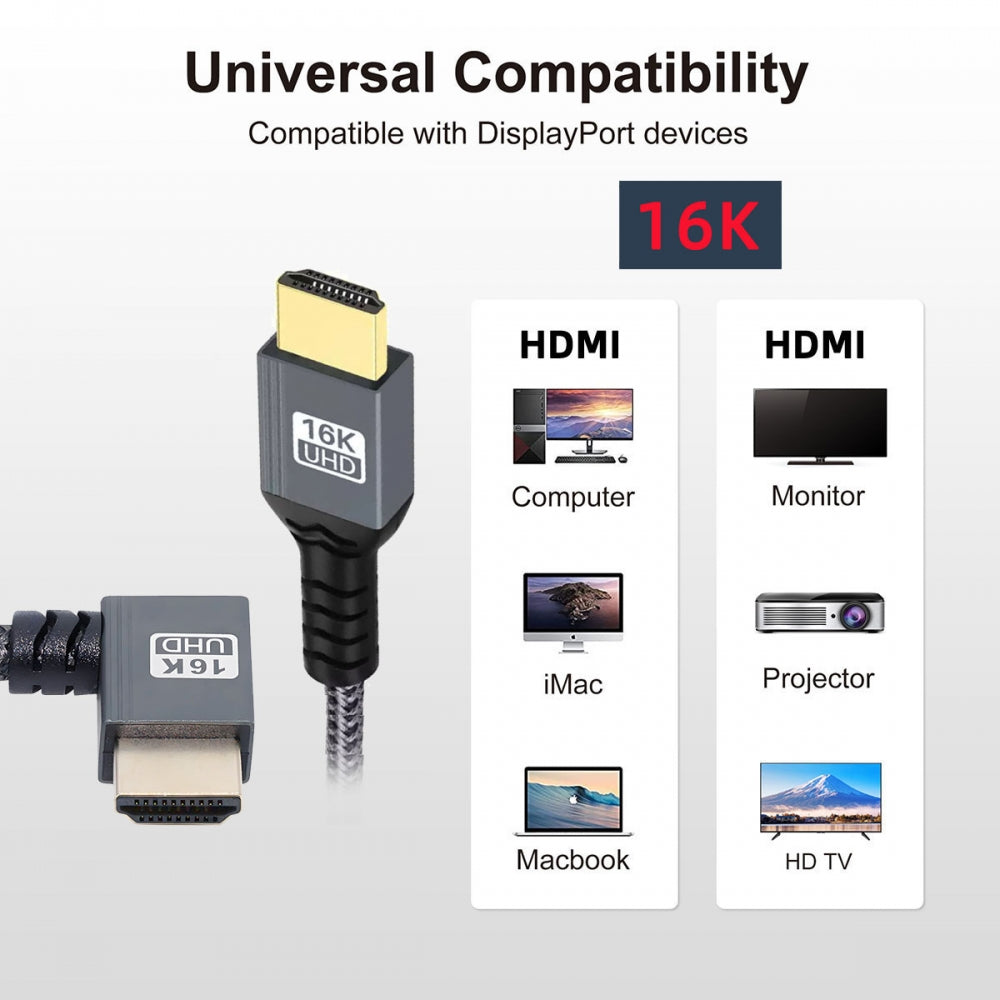 Right Angled 16K 8K UHD HDMI 2.2 Version Type-A Male to HDMI Male HDTV Cable 90 Degree for HDTV Desktop Laptop Monitor